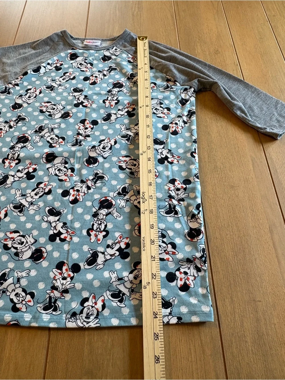 LuLaRoe Disney Minnie Mouse Raglan Tee Girls 14 Blue Gray Polka Dot Graphic